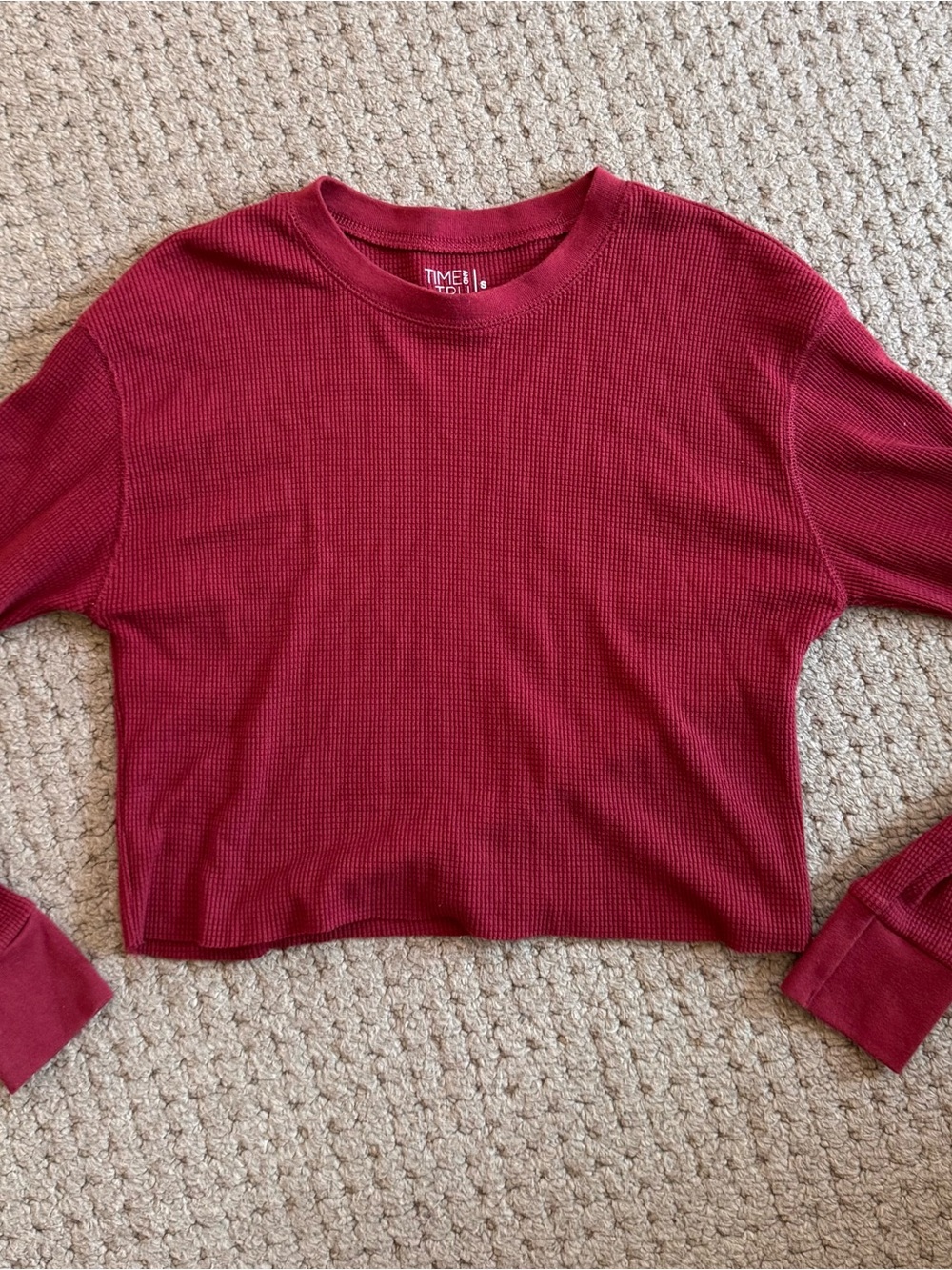 Time and Tru Burgundy Waffle-Knit Long-Sleeve Crop Top